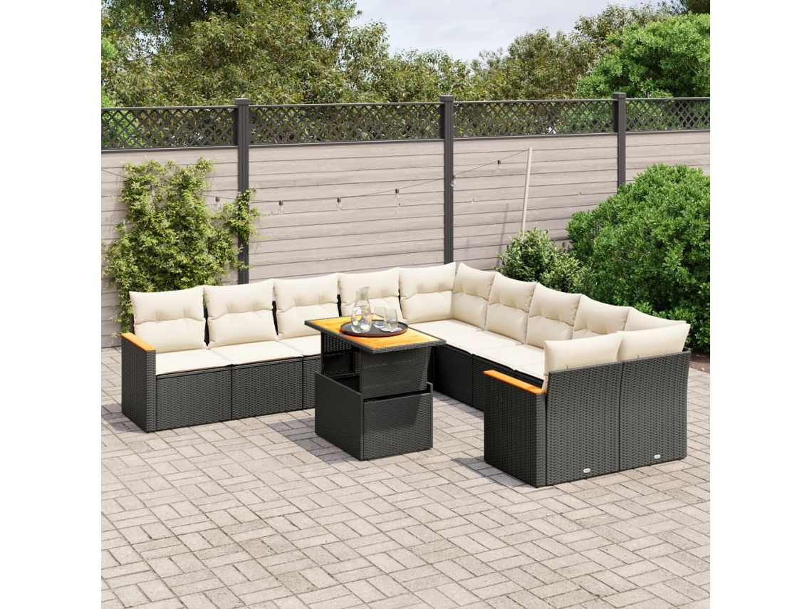 Vidaxl 11 Pcs Conjunto Sofás De Jardim C/ Almofadões Vime Pe Preto