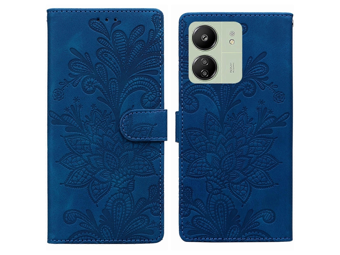 Capa De Celular Em Pu Com Fecho Magnético, Estampa Floral Em Relevo De Renda E Alça De Pulso Para Redmi 14c