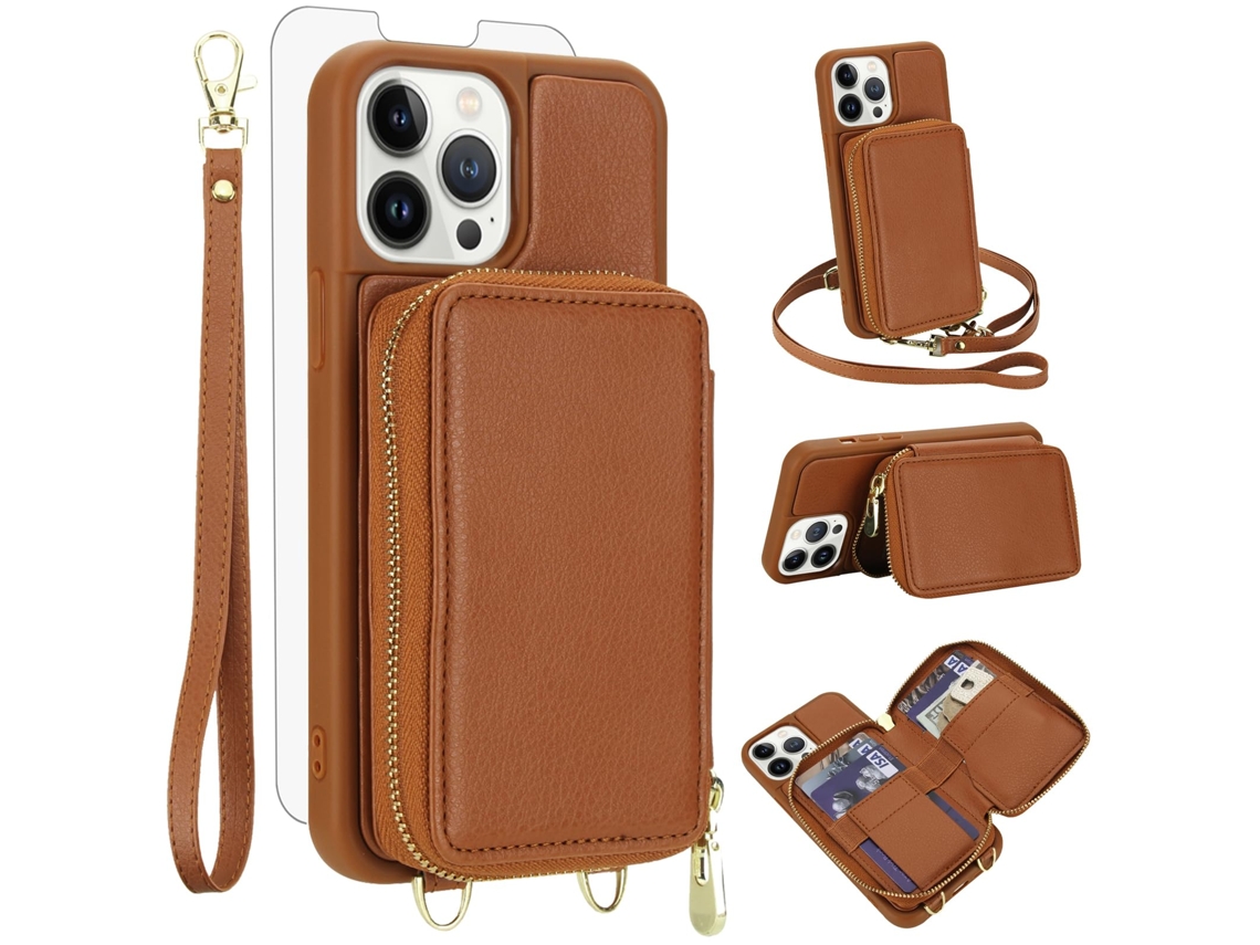 Capa Carteira Para Celular Em Couro Pu+tpu Com Protetor De Tela Para Iphone 12 Pro Max (6,7 Polegadas) - Marrom