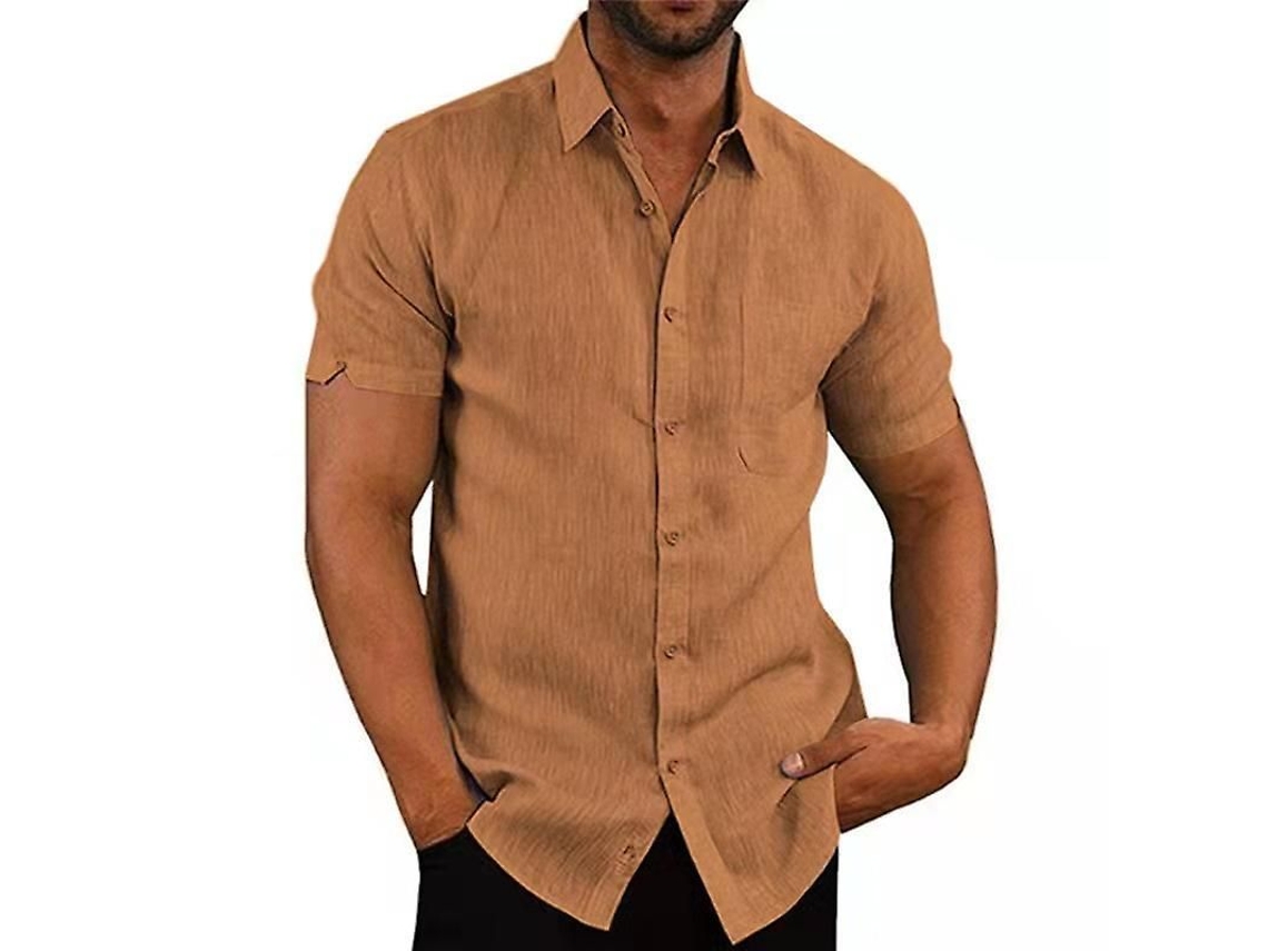 Camisa Casual Masculina De Algodão E Linho Com Listras, Manga Curta, Gola Lapela, Para Primavera/verão, Uso Diário Verde-oliva Escuro