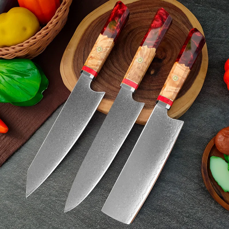 Conjunto De 3 Peças: Faca De Corte Em Aço Damasco Com Cabo Em Resina Vermelha, Utensílio De Cozinha Para Legumes E Carnes.