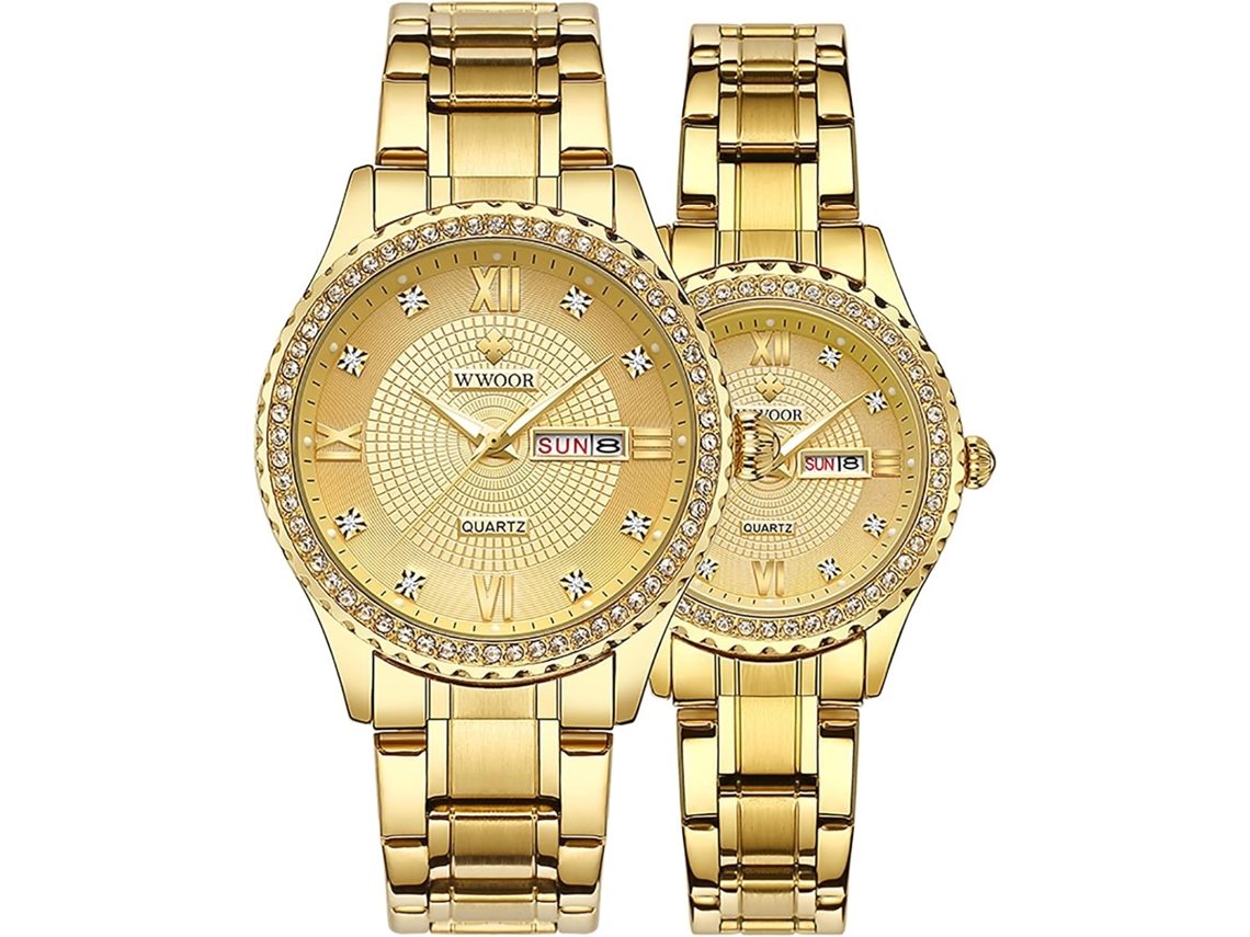 Lurelia Conjunto De Relógios Para Casal, Movimento De Quartzo, Data/calendário, Detalhes Com Strass, Aço Inoxidável, Resistente À Água, Dourado