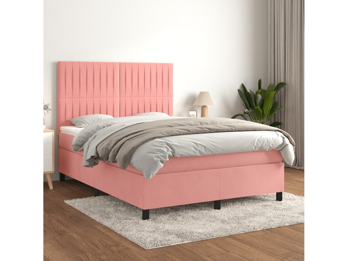 Cama Com Molas/colchão 140x200 Cm Veludo Rosa