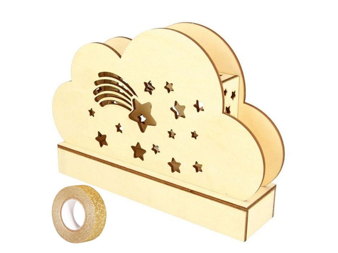 Luminária nuvem de madeira para decorar 25 x 13,7 cm + fita crepe glitter dourado 5 m Youdoit