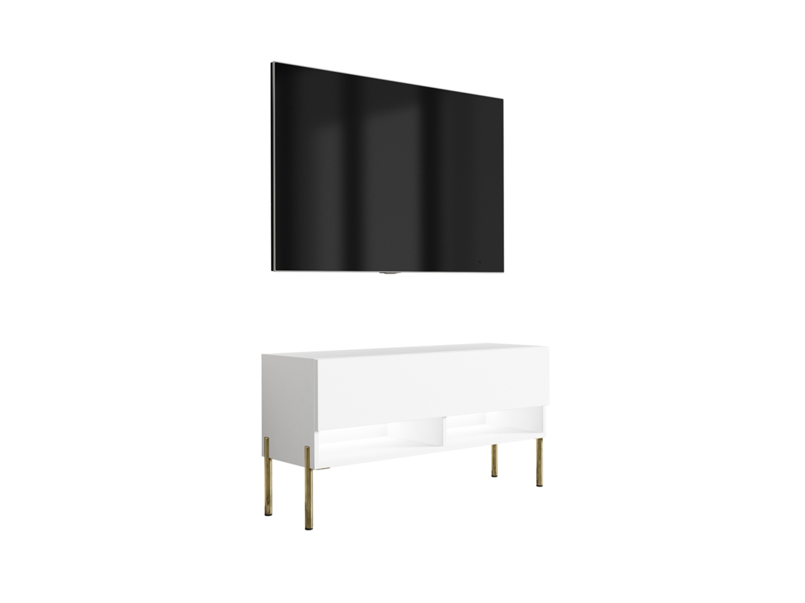 Suporte De Tv 100 Cm Branco Fosco, Pernas Retas Douradas, Led Branco, 100 × 32 × 52 Cm 3E 3XE LIVING.COM