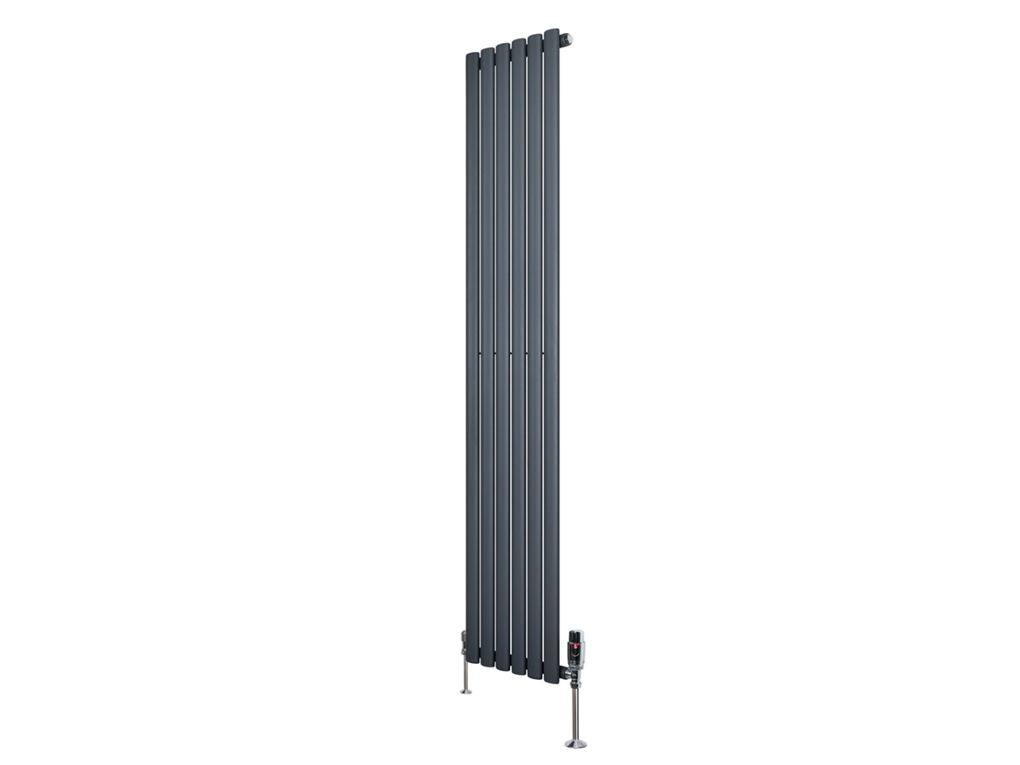 Radiador Oval De Coluna Única 1800x360 Mm - Cinza Antracite, 951w, Aço Carbono, Válvulas Termostáticas Cromadas,