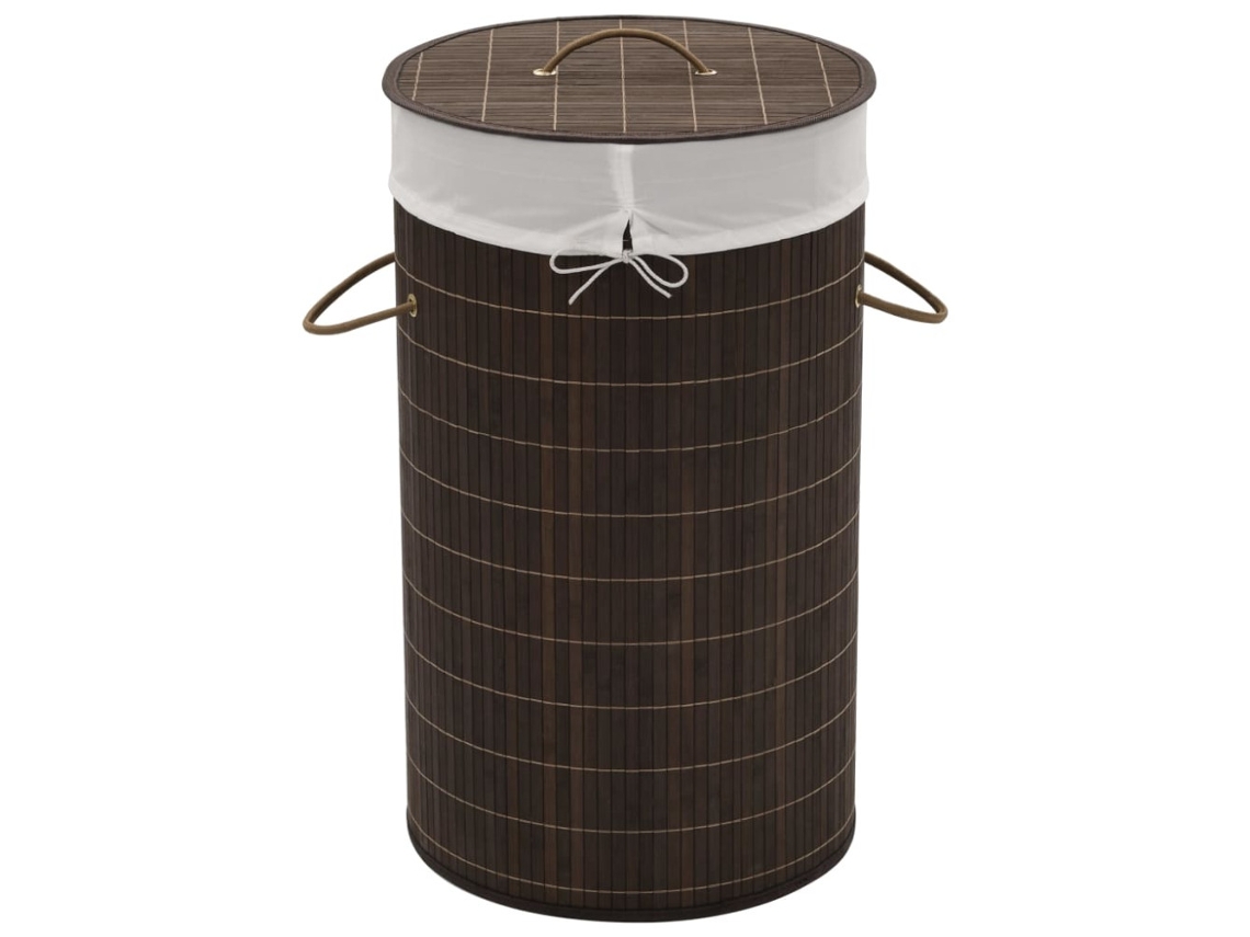 Cesto De Roupa Suja Redondo De Bambu Marrom Escuro, Para Organizar E Guardar Roupa Suja De Forma Prática