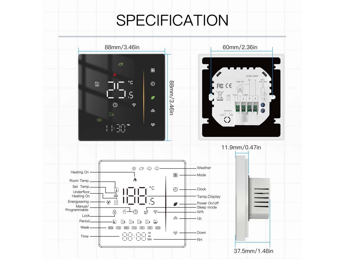 Termostato inteligente 5A para aquecimento de piso, 95-240 V CA, preto