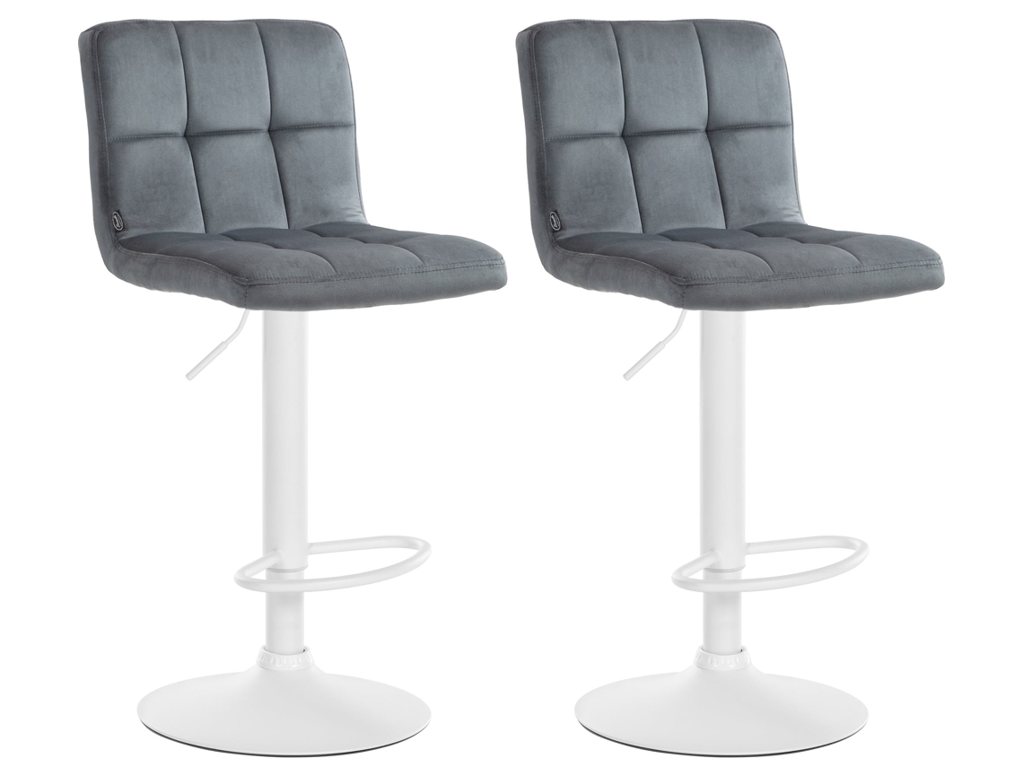Conjunto de 2 banquetas de bar em veludo cinza escuro com costura decorativa e base em metal branco em formato de trombeta 10_0004402