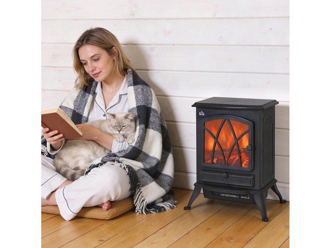 Lareira Elétrica Com Efeito De Chama Estilo Retrô, Termostato 1000-2000w E Luz Regulável, Preto