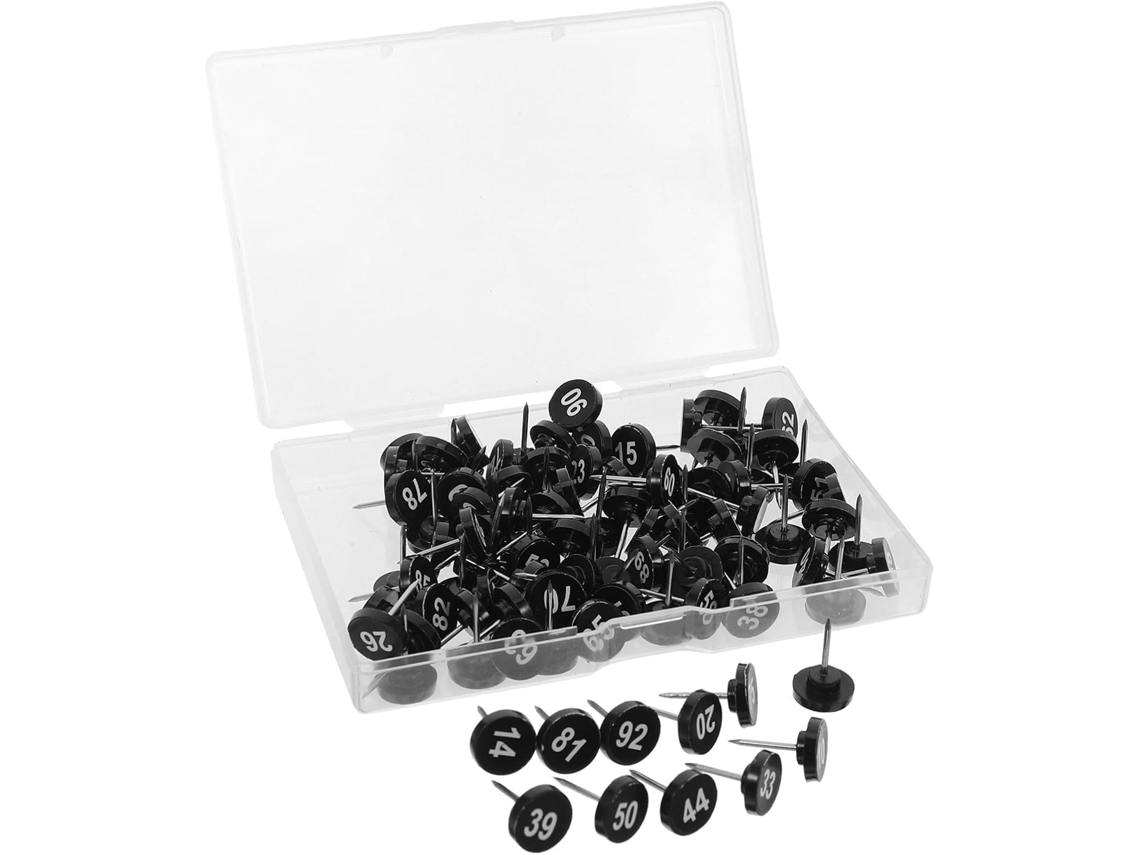 Conjunto de 100 tachininhas redondas de metal numeradas 1a para recados e fotos, com design plano e artesanato em plástico.