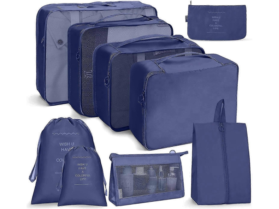 Conjunto de 8 Peças Bolsas Organizadoras Viagem, Incluindo Bolsas para Guardar Malas, Sapatos e Maquiagem, em Tela Azul Marinho BRILVIBERA