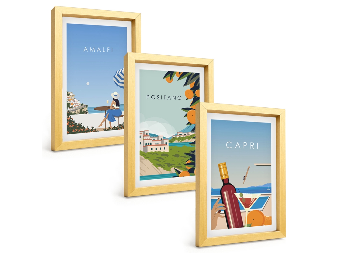Pinturas Murais Modernasamalfi, Positano E Capri Moldura Dourada Fotos Para O Corredor Espelharte (3 Peças 20x30 Cm)