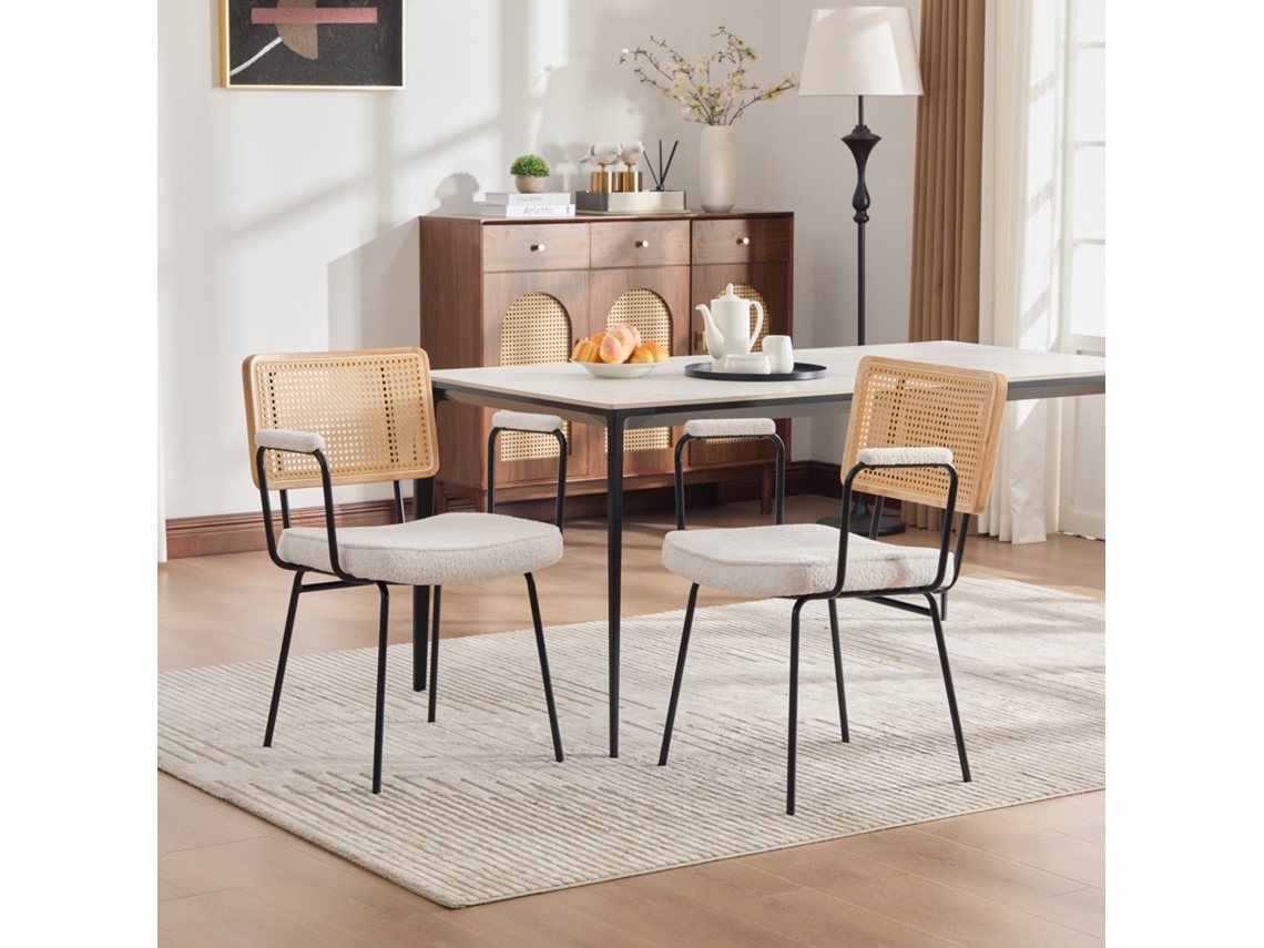 Conjunto 2 Cadeiras Jantar, Chenile, Braços, Estrutura Maciça, Rattan, Pés Metálicos Ajustáveis - Ivory.