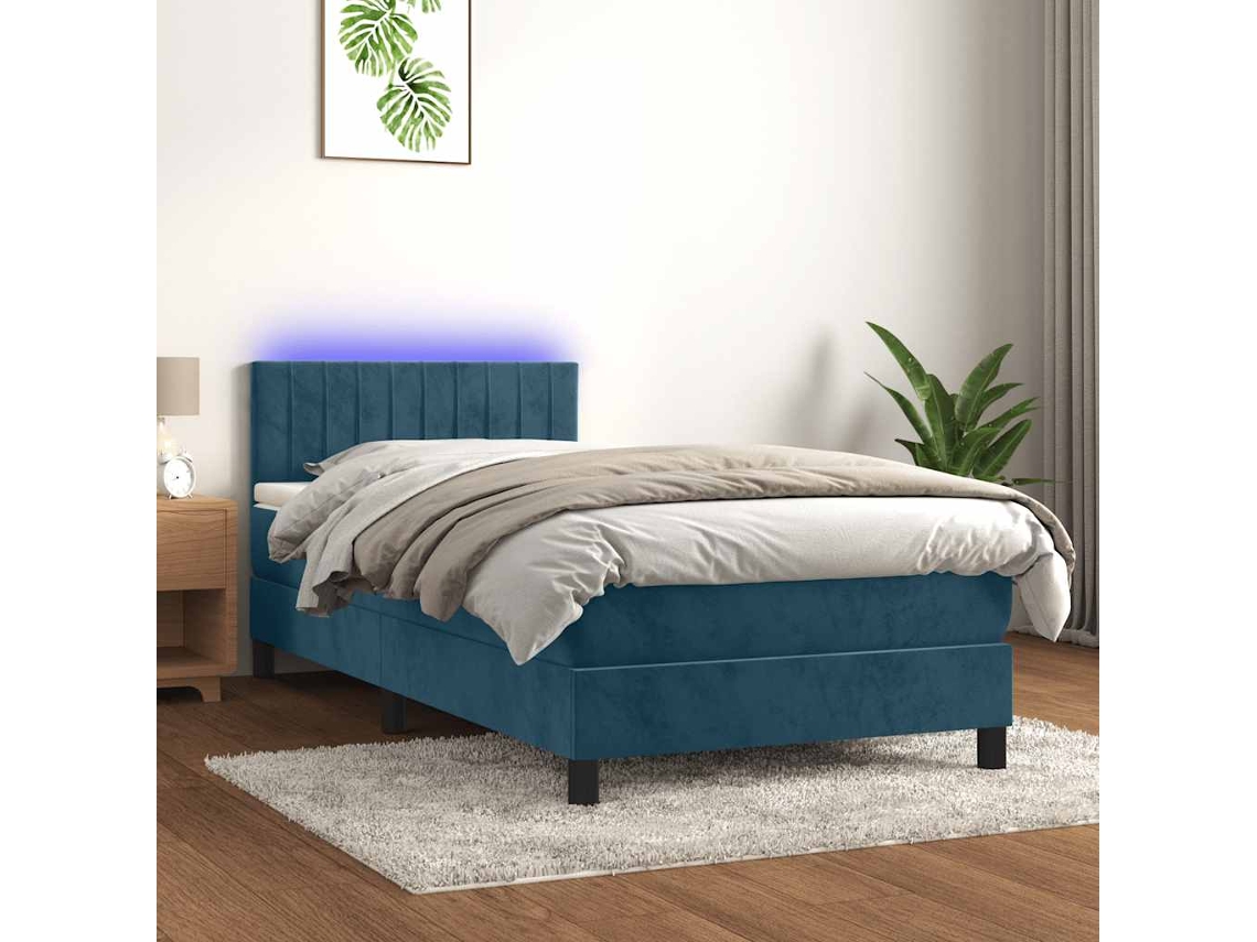Vidaxl Cama Box Spring C/ Colchão/led 90x190 Cm Veludo Azul-escuro