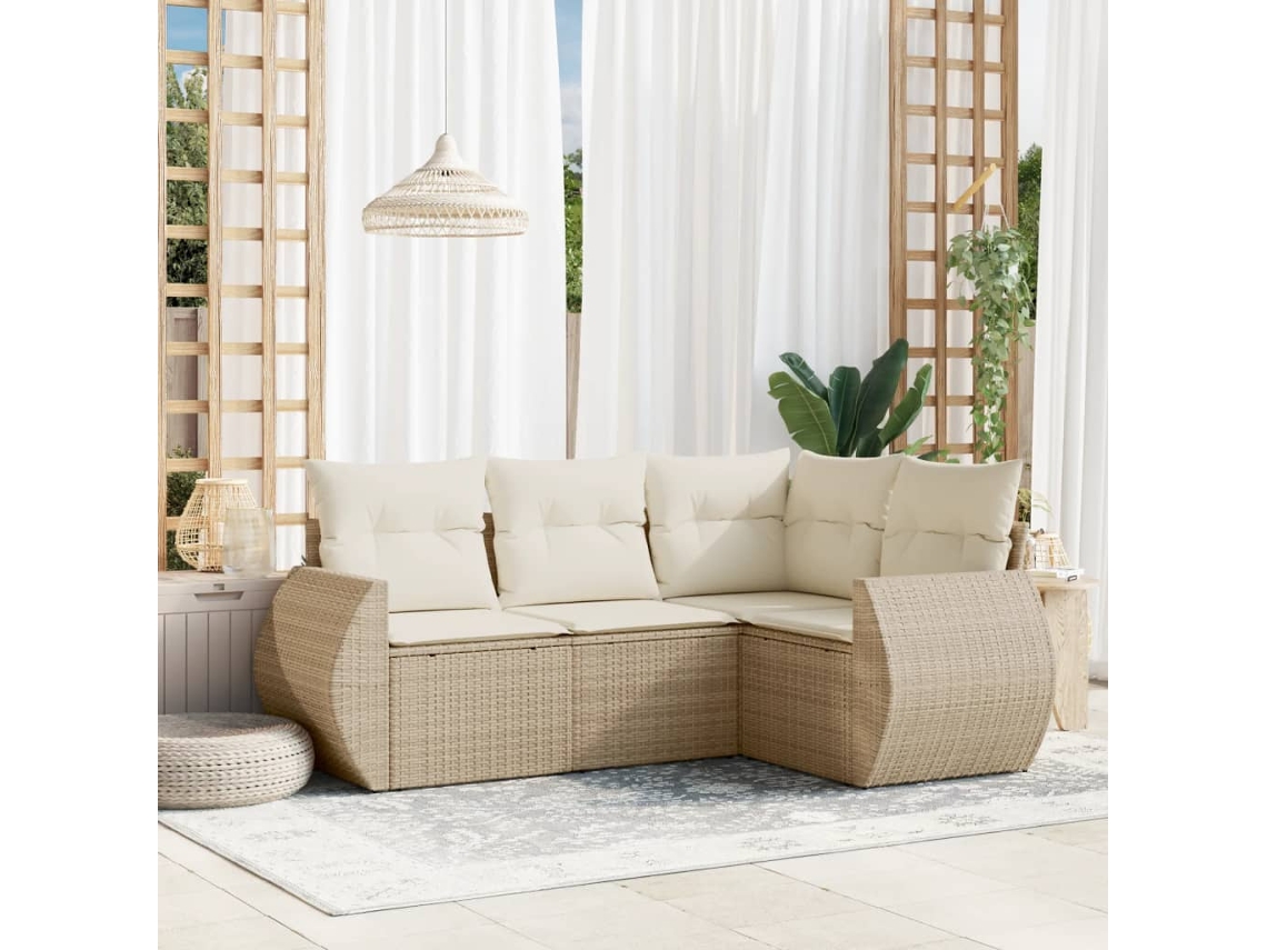Vidaxl 4 Pcs Conjunto De Sofás Para Jardim C/ Almofadões Vime Pe Bege