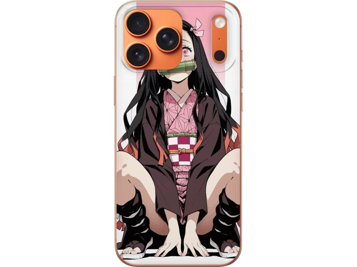 Capa Para Celular Compatível Com Apple Iphone 17 Pro Max. Desenho Animado De Uma Garota Anime Em Roupa Rosa Com Um Objeto Que Lembra Bambu E Expressão