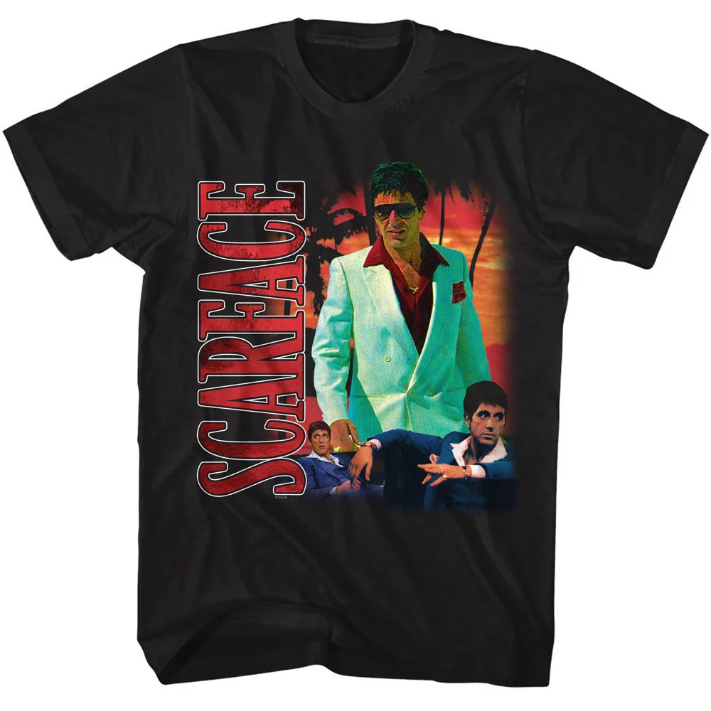 Unisex Adult T-shirt Rockinstone Scarface Movie Collage With Palm Tree Background Black Sizel