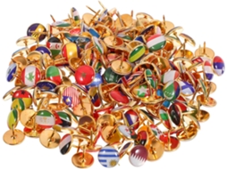 Conjunto de 200 pinos com bandeiras de países, resistentes a ferrugem e compactos, ideais para mapas mundiais e presentes.