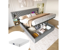 Conjunto Quarto Cama Hidráulica 160x200 Cm Mesas Noite Luz Usb Cinza