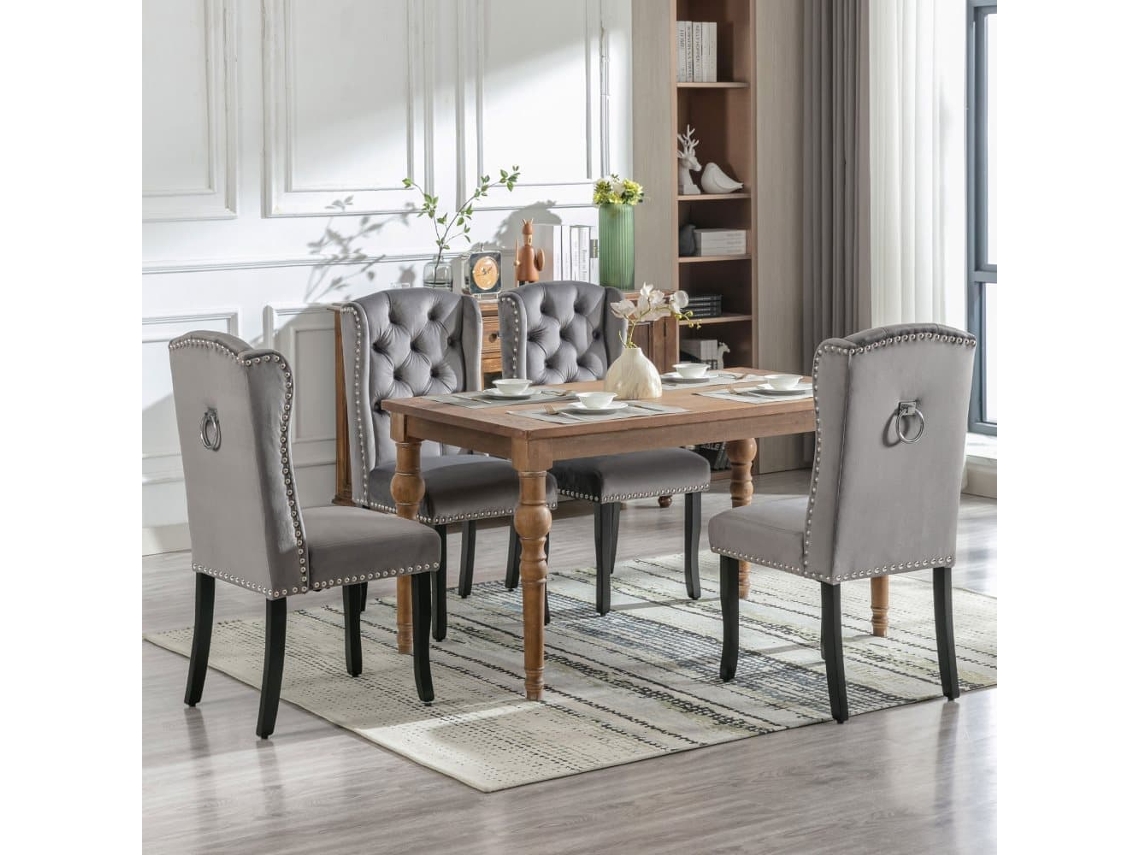 Conjunto De 4 Cadeiras De Veludo Com Pernas De Carvalho - Decoradas Com Rebites - Cinzento