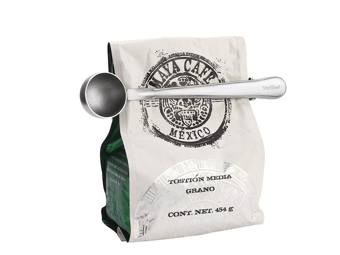 Colher Medidora de Aço Inoxidável 2 em 1 para Chá com Cabo Longo de 16cm e Clip Hermético de 20ml