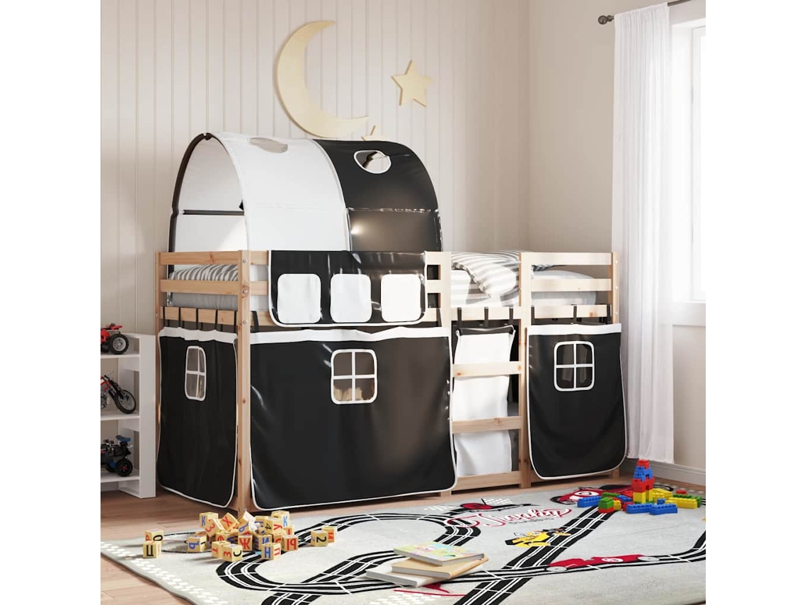 Vidaxl Beliche Com Cortinas 80x200 Cm Pinho Maciço Branco E Preto
