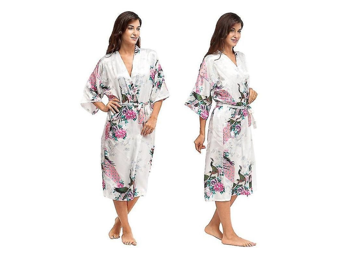 Robe Kimono De Seda Satinada Lujosa Para Mulher Bathrobe Noturno Longo Tamanho M/l/xl/2xl/3xl Djrmwhite M Blanco
