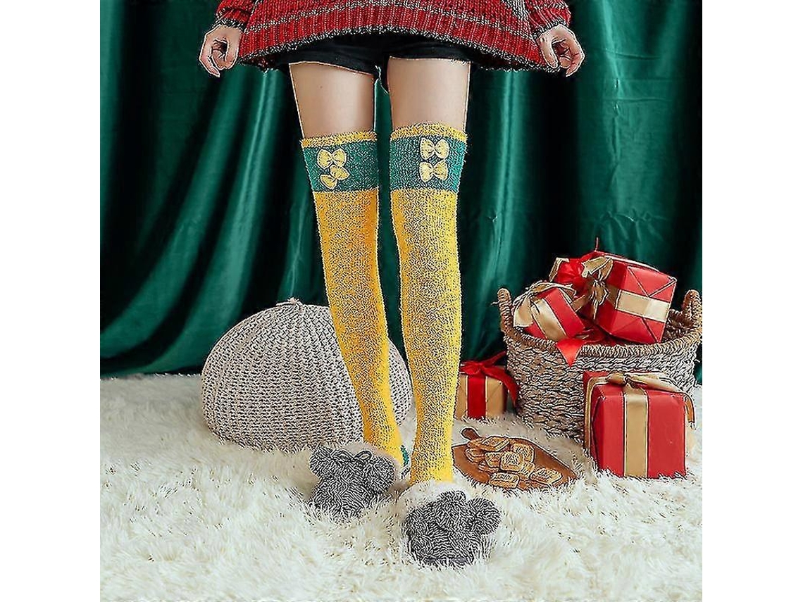 Meias De Lã Coral Macia Até O Joelho, Ideias Para O Inverno, Para Meninas E Mulheres. Meias Listradas Com Estampas De Animais Flufos E Desenhos Animados