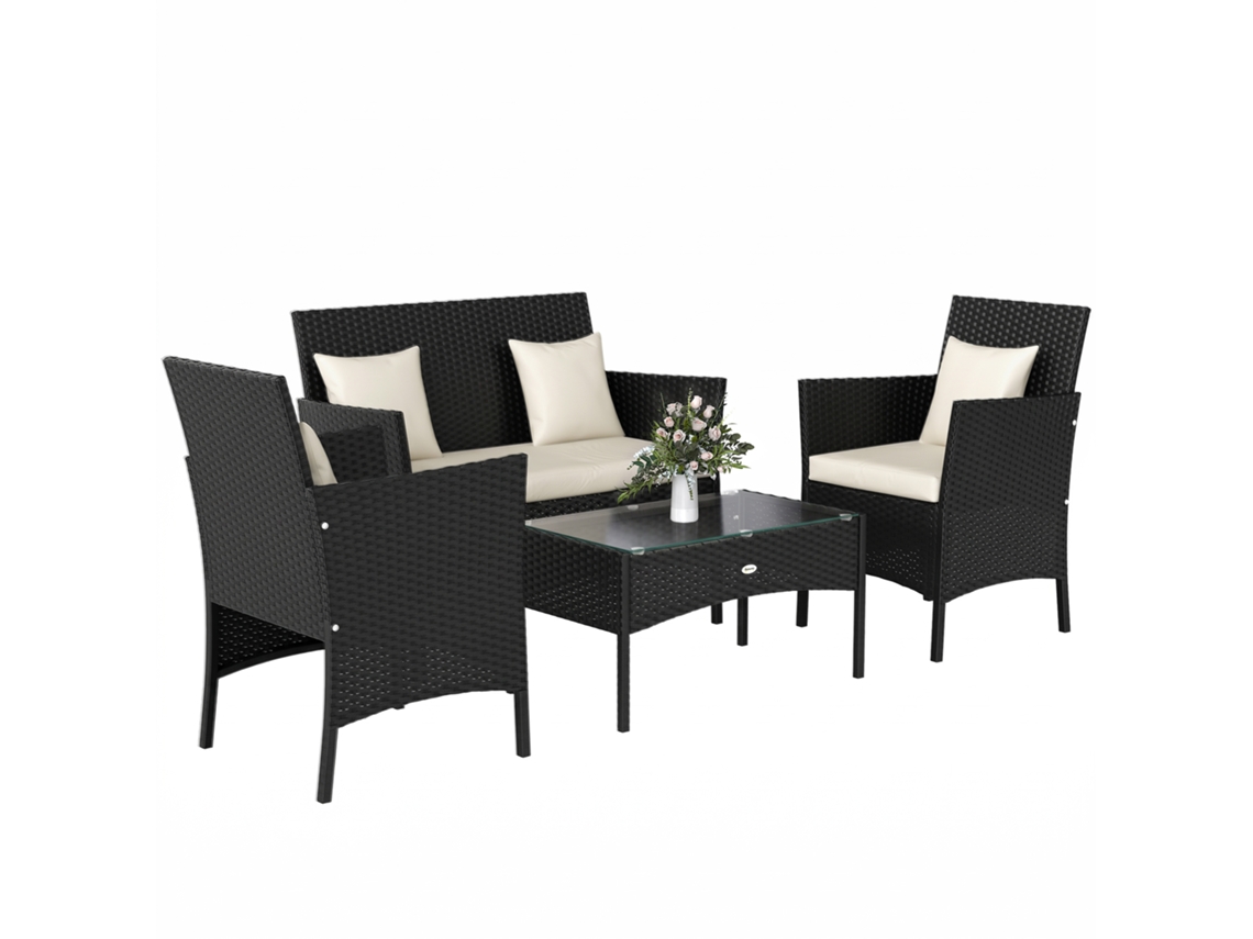 Conjunto Jardim Vime sintético PROFESIA BOYANG com 2 poltronas, sofá 2 lugares, mesa de centro e almofadas