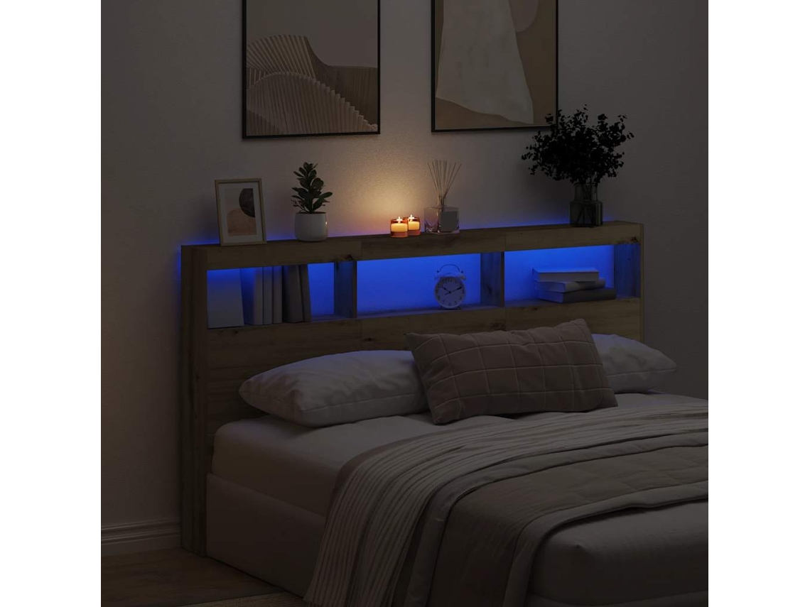 Vidaxl Armário Cabeceira C/ Luzes Led 180x17x102 Cm Carvalho Artisiano