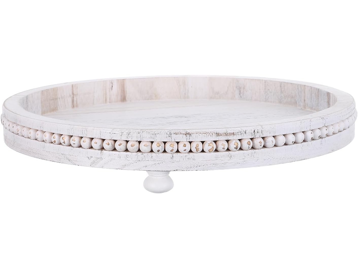 Bandeja Decorativa Redonda De Madeira Branca De 30 Cm (12 Polegadas), Estilo Rústico.