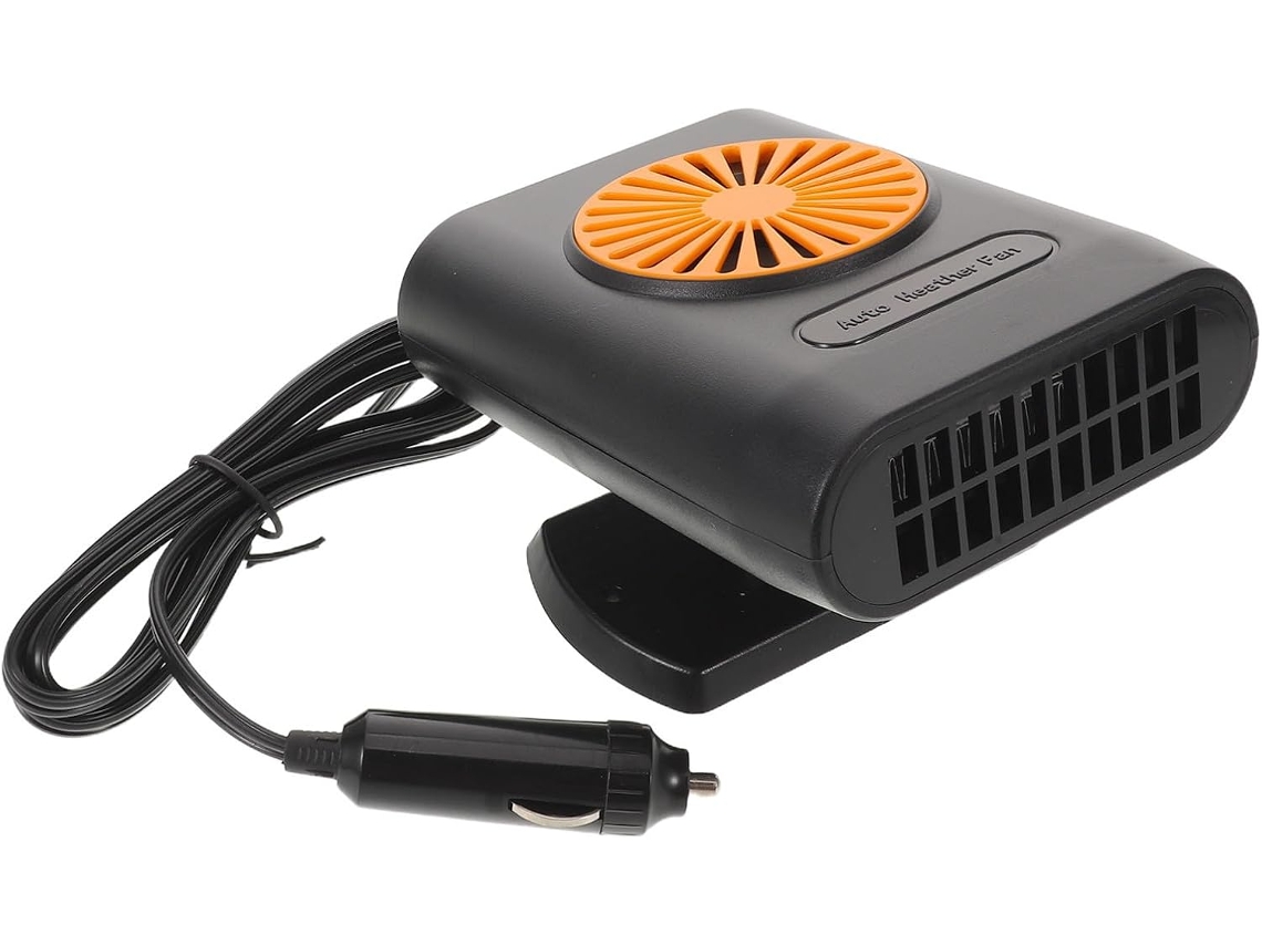 Aquecedor elétrico para carro com rotação de 360°, sistema de liberação rápida e base.