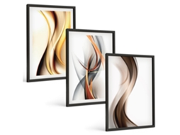 Composição De Quadros Na Parede Ondas Amarelas, Cinzas E Marrons Moldura Preta Quadros Para O Escritório Espelharte (3 Piezas De 40x60 Cm)