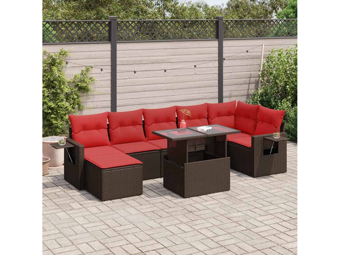 Vidaxl 8 Pcs Conj. Sofás Jardim C/ Almofadões Vime Pe/acácia Castanho
