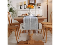 Tábua De Mesa Em Crochê Com Aplicação De Jacquard E Furo, Cinza, 33*183cm (com Comprimento Das Frufrus)
