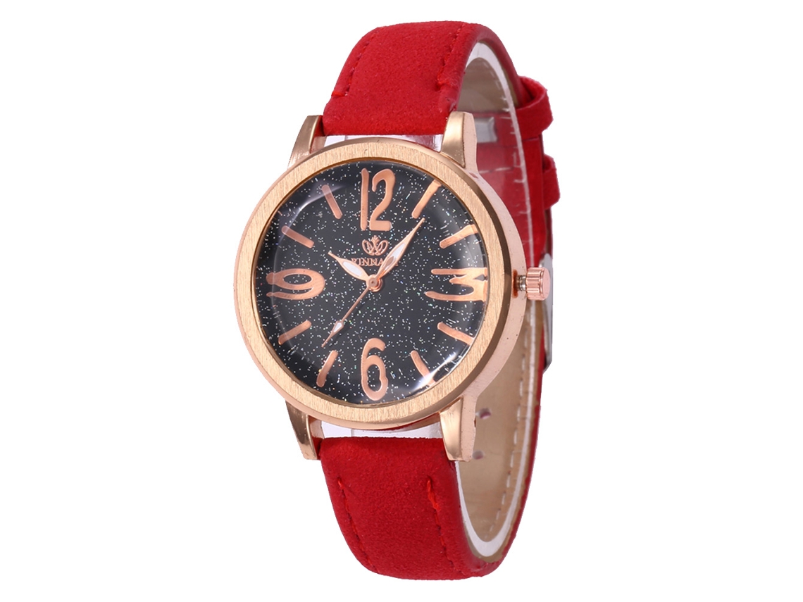 Relógio de quartzo com pulseira de couro, estilo moderno, mostrador redondo, universal (vermelho)