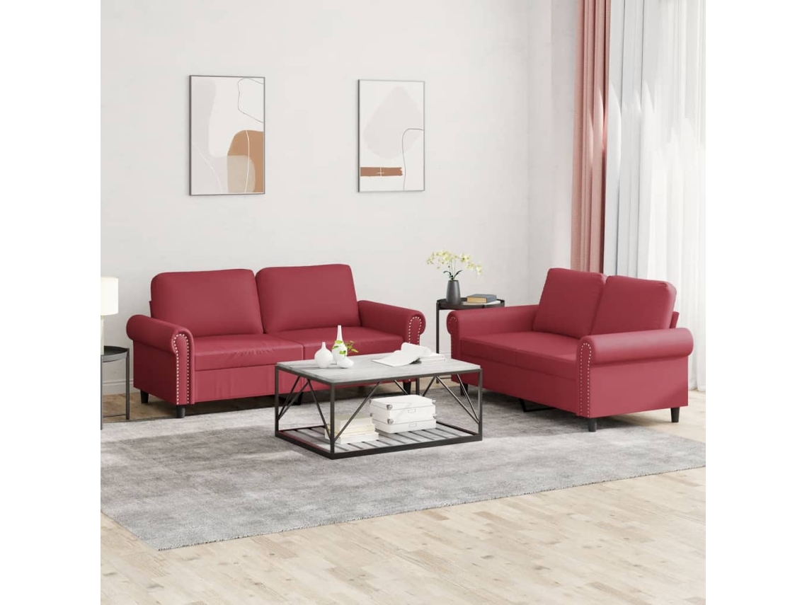 Vidaxl 2 Pcs Conjunto Sofás C/ Almofadões Couro Artif. Vermelho Tinto