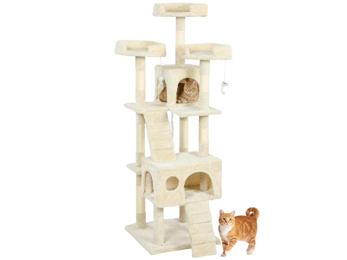 Árvore Arranhador Gatos Aglomerado de Madeira, Felpa Cor Creme 48x48x153 cm Pawhut