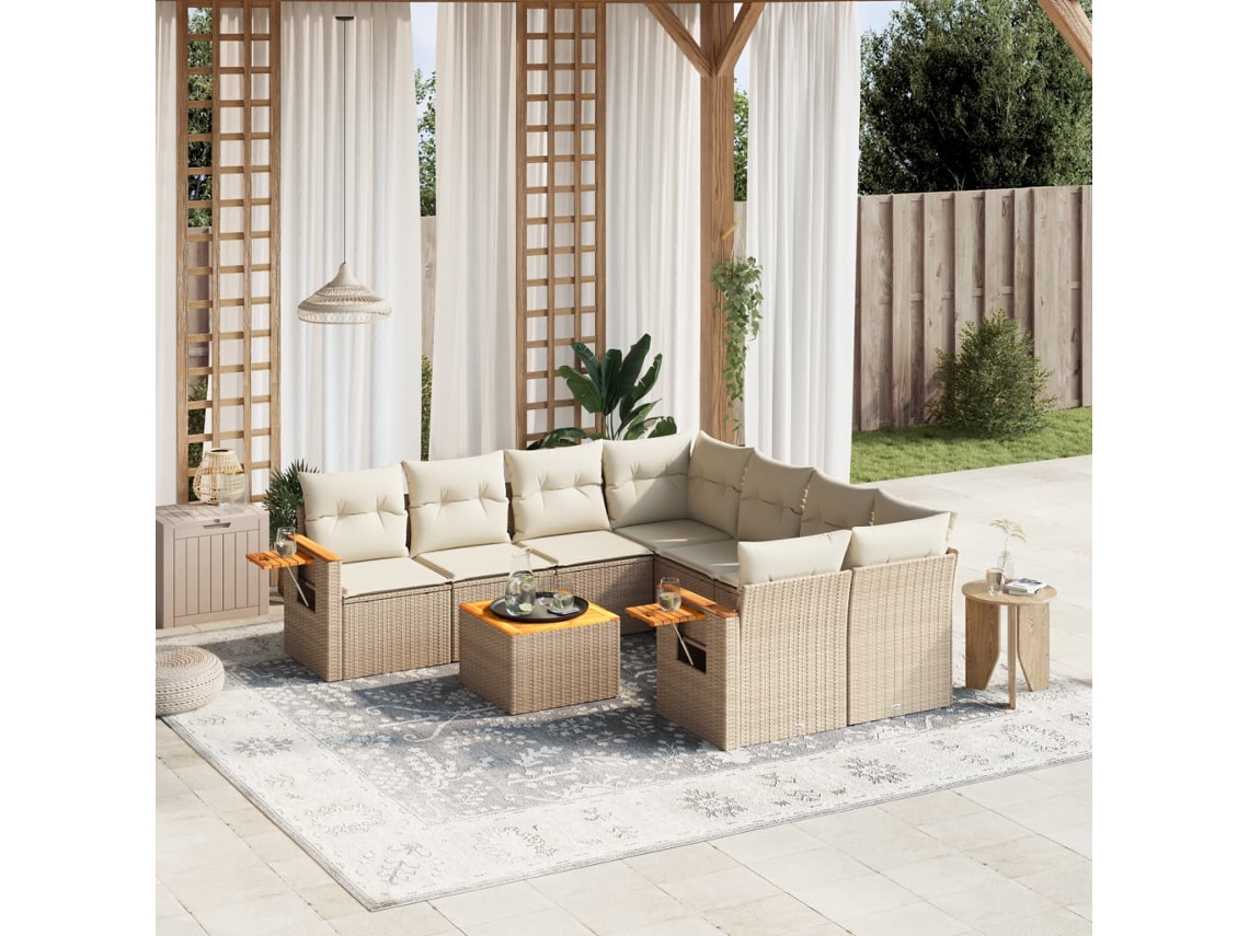 Vidaxl 9 Pcs Conjunto De Sofás P/ Jardim Com Almofadões Vime Pe Bege