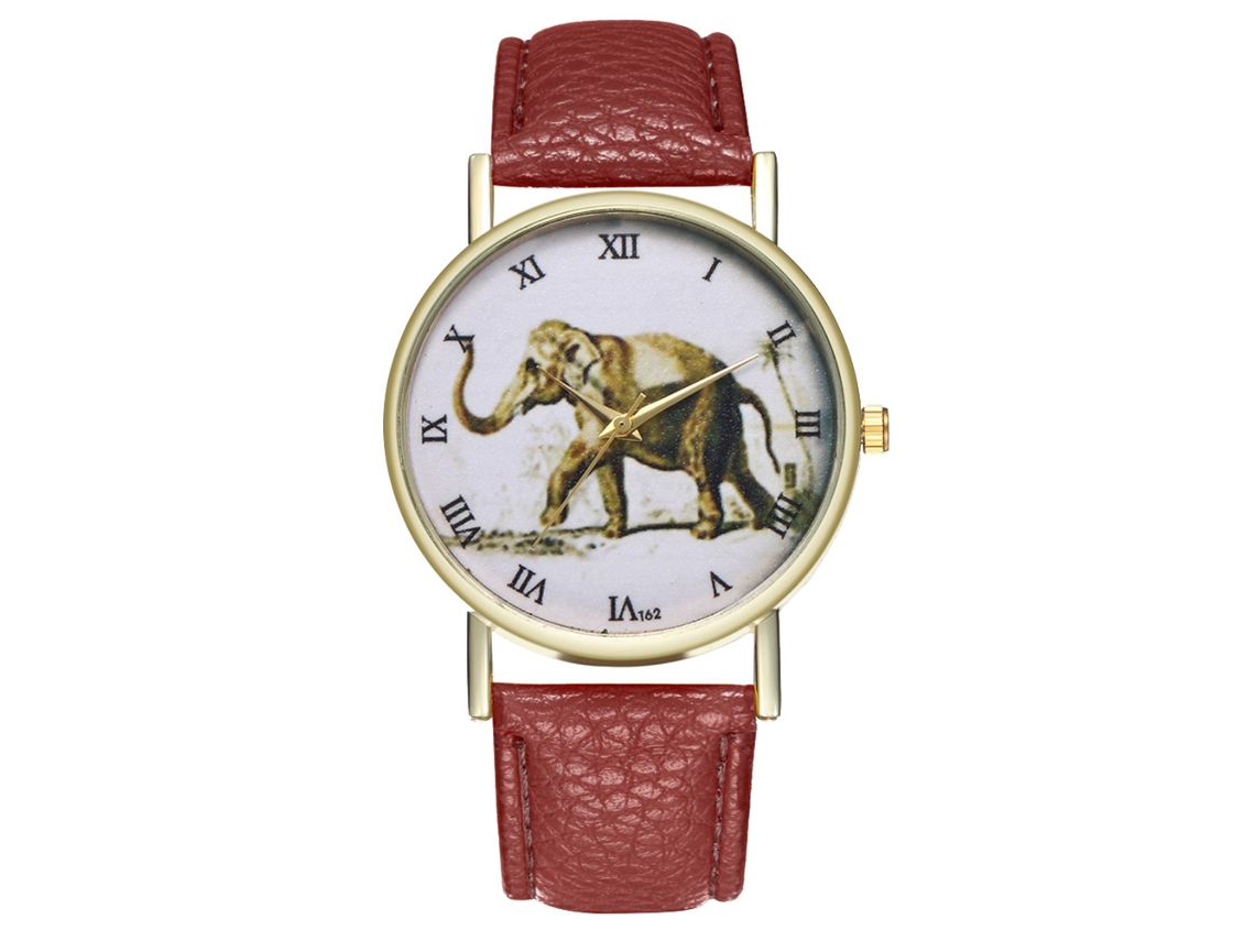 Relógio de quartzo moderno com pulseira de couro PU, estampa de elefante, numerais romanos e cor café.