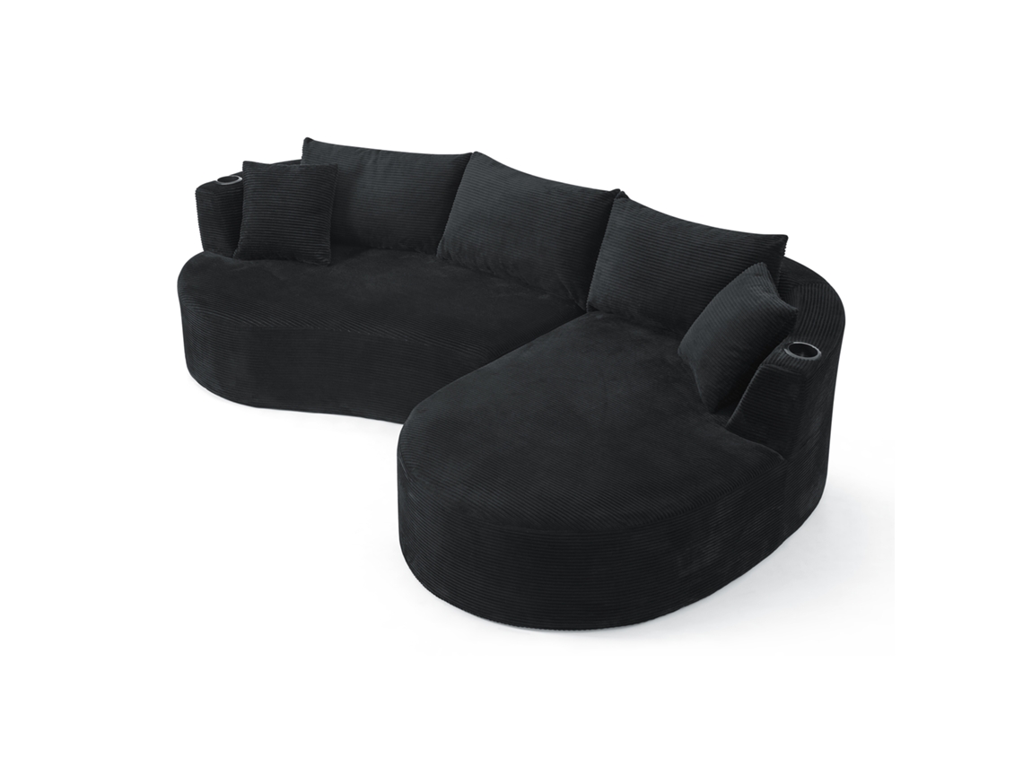 Sofá De Compressão 3 Lugares Com Chaise Longa, Design Curvo, Tecido Macio, Porta-copos E Almofadas, Ideal Para Sala E Escritório.