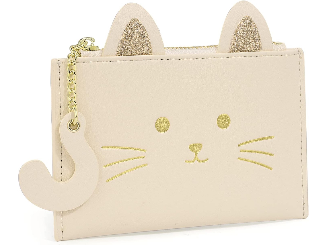 Carteira Mulher Fina Com Pendente Gato, Porta-cartões E Porta-moedas, Pele Vegana
