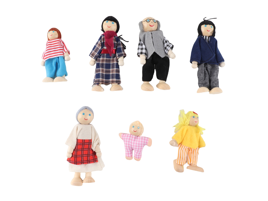 Bonecas De Família Miniatura Em Pinho Com 7 Personagens Para Casa De Bonecas Brinquedo Educativo