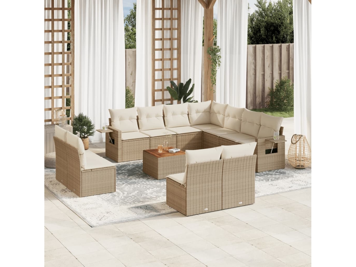 Vidaxl 12 Pcs Conjunto De Sofás P/ Jardim Com Almofadões Vime Pe Bege