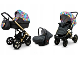 Carrinho de Bebé Multifuncional BABYLUX SKY LARK 3 Em 1 -Paint Flowers GOLD FRAME - Ajustável e dobrável Construção leve em alumínio - Acessórios