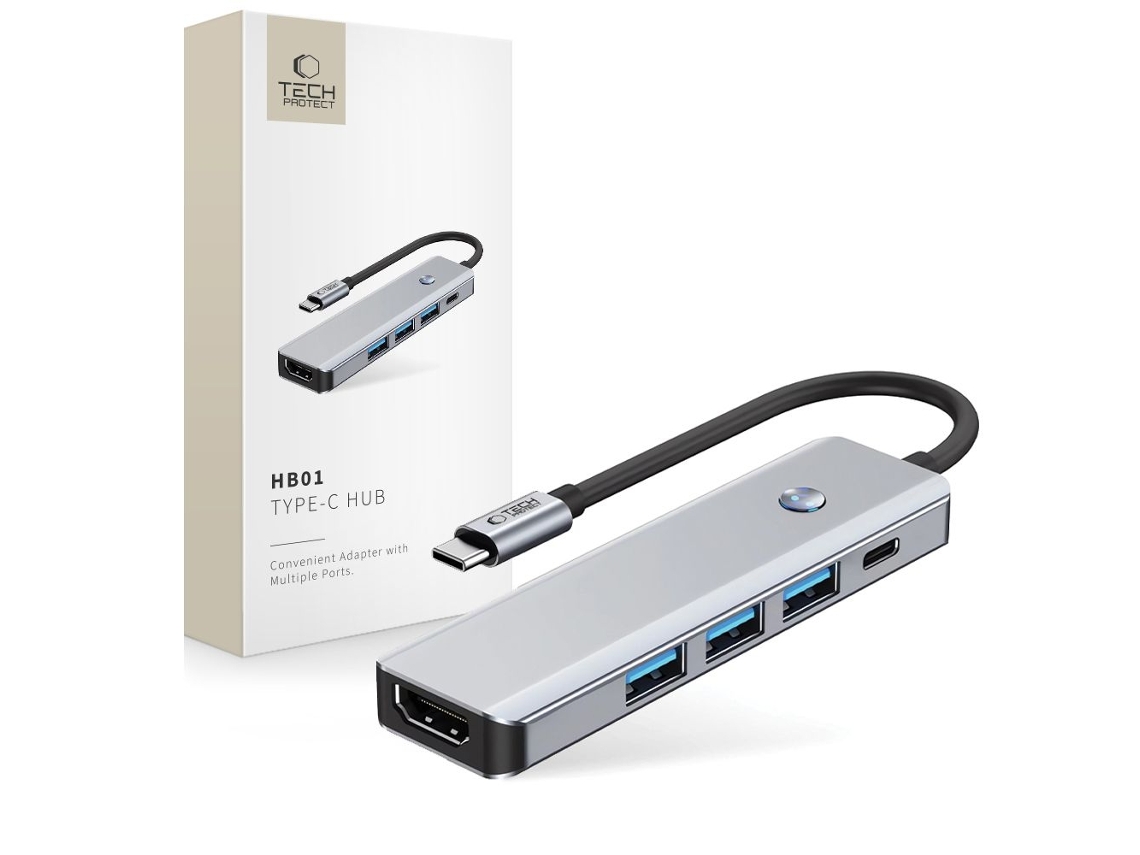 Hub Usb C 5 Em 1 Tech Protect Usb C / Usb 3.0 / Hdmi / Rj45 Cinza Brilvibera