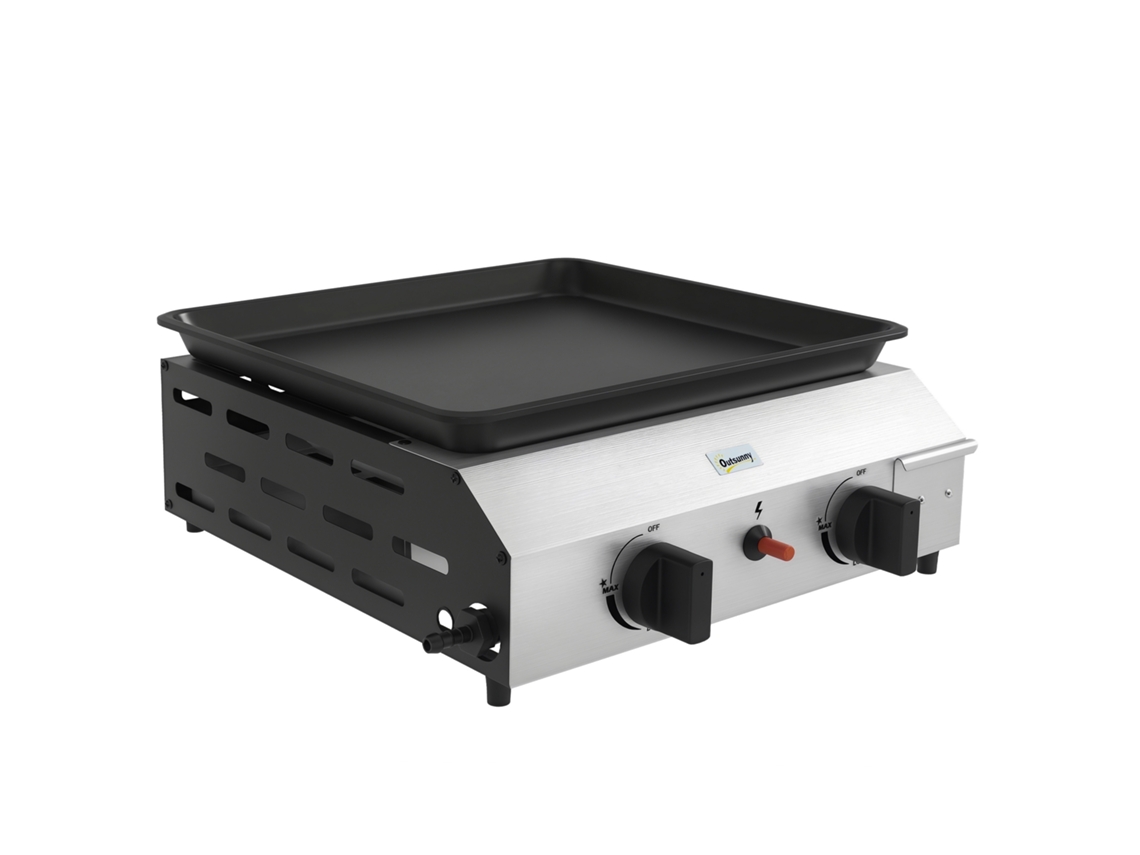 Placa de gás de aço inox com 2 queimadores 4,8 kw superfície antiaderente 40x34 cm transportável S/MARCA
