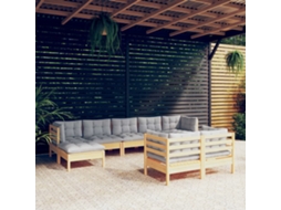 Vidaxl 9 Pcs Conjunto Lounge De Jardim + Almofadões Cinza Pinho Maciço