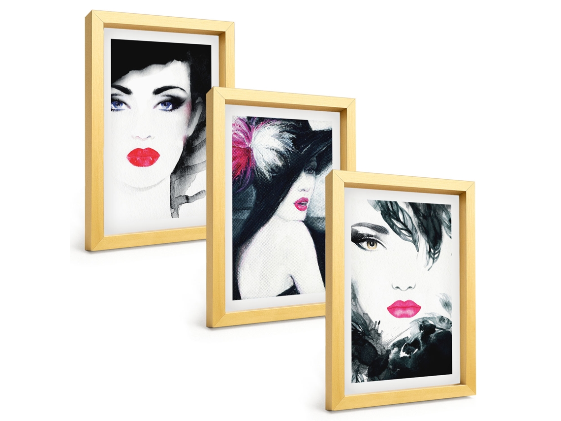 Composição De Quadros Retratos De Mulheres Com Lábios Espelharte (3 Peças 20x30 Cm)